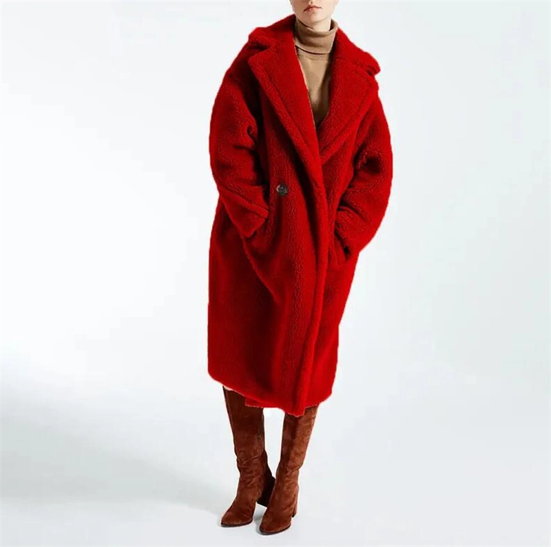 Winter Warm Soft Lambswool Fur X-Long Jacket Plush Overcoat Casual Outerwear