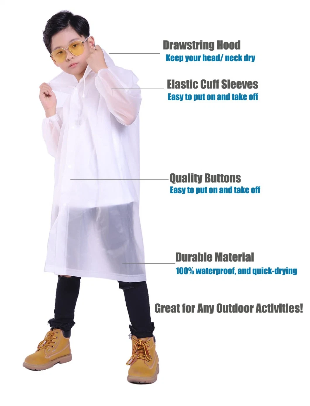 Children Transparent Breathable Light Rain Coat Reusable Long EVA Raincoat Rainwear with Hood Drawstring