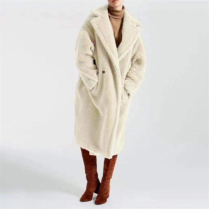 Winter Warm Soft Lambswool Fur X-Long Jacket Plush Overcoat Casual Outerwear