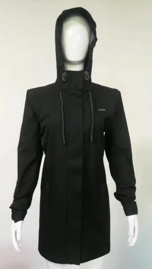 Women Slim Waist Black Long Outdoor Softshell Jacket Windbreaker Watarproof Rain Wear with Hood Lady Coat